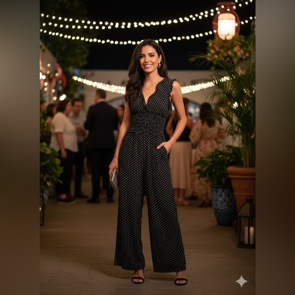 Max Studio Black & White Polka Dot Jumpsuit – Smocked Waist, Ruffle Sleeves, XS - Picture 1 of 7